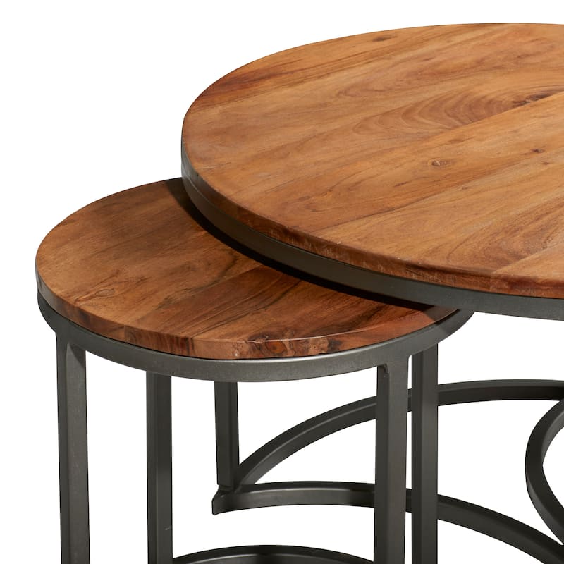 Wood Nesting Coffee Table with Grey Metal Base - Set of 3 Brown - Roche River Decor - 32"W x 32"L x 19"H