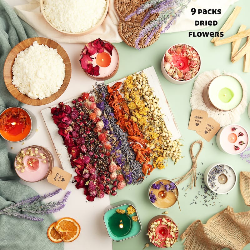 Craftbud 50 Piece Candle Making Kit with Dried Flowers - Full Botanical DIY Soy Candle Making Kit with Candle Wax and Supplies