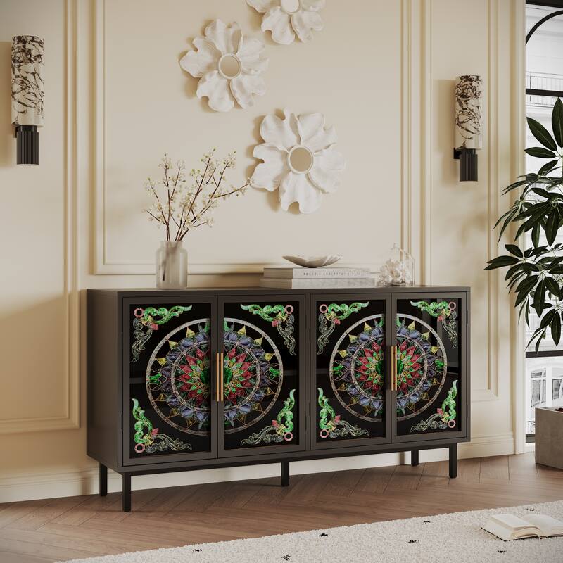 4-Door Accent Cabinet, Painted Glass Buffet Cabinet with Metal Frame - Black