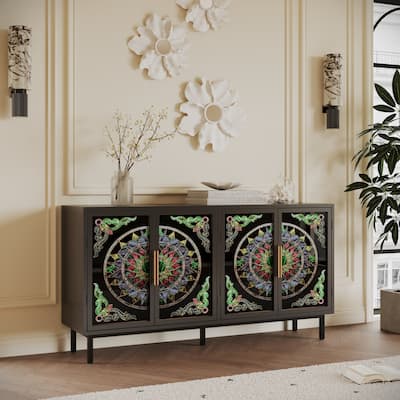 4-Door Accent Cabinet, Painted Glass Buffet Cabinet with Metal Frame