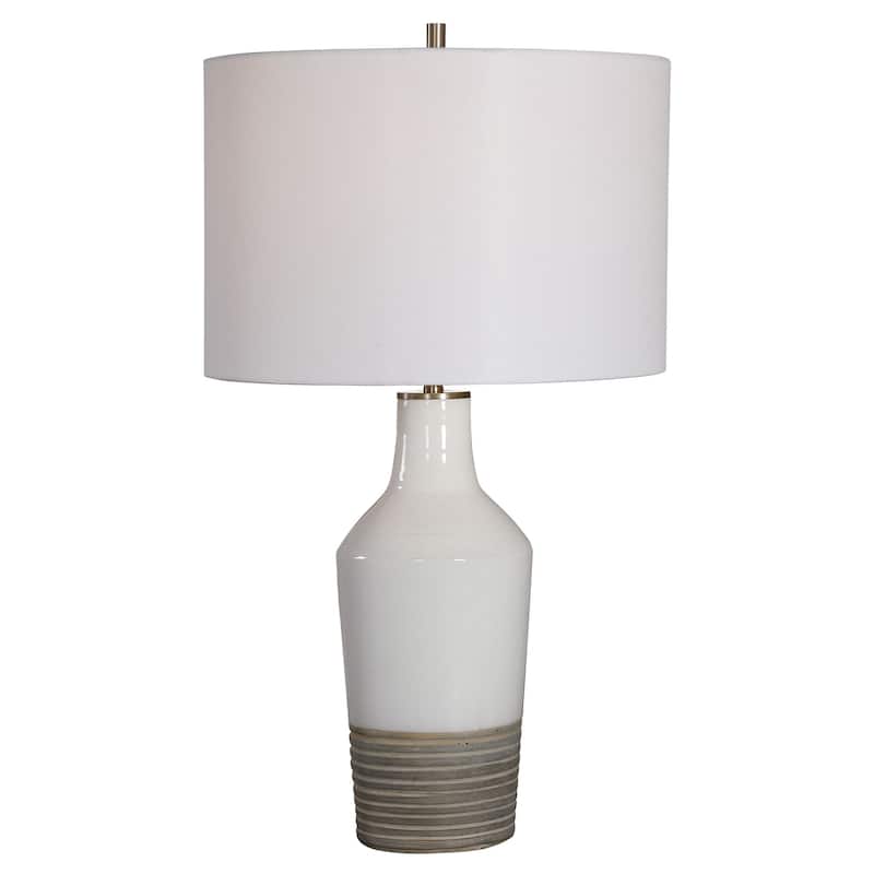 Ribbed Bottom Half Ceramic Table Lamp with White Round Drum Shade - 26.5" - White and Brown