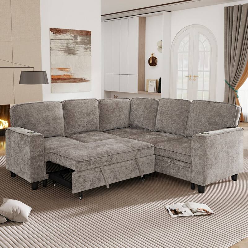 81" L-Shaped Sectional Sofa with Charging Ports and Pull Out Sofa Bed