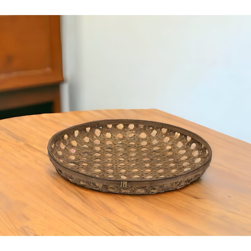 HomeRoots 26" Brown Bamboo Weave Round Wood Tray - Brown
