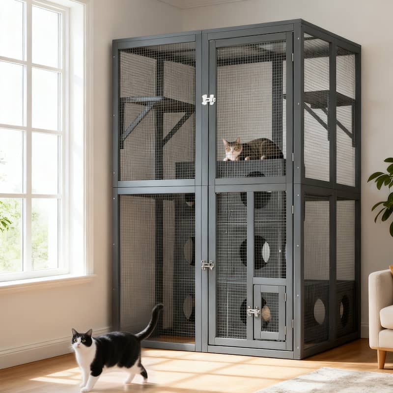Outdoor Catio Enclosure with Double Doors, Grey Climbing Shelves & 7 Combination Wood Boxes - Weatherproof Pine Wood