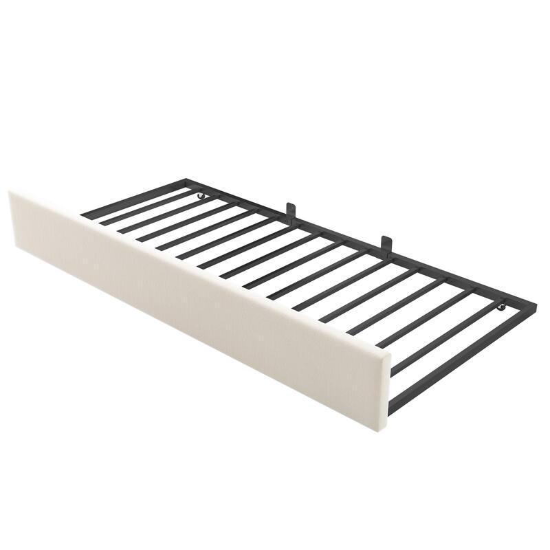 Twin Size Velvet Upholstered Daybed with Pull-Out Trundle, Metal Frame, Beige