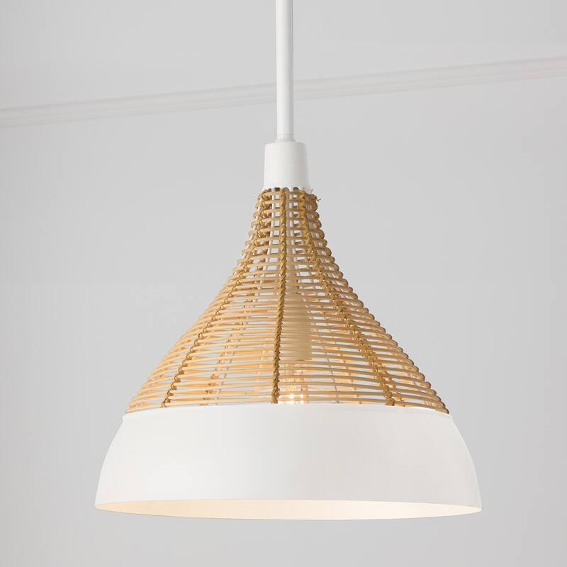 1-Light Boho Pendant in Matte White with Handcrafted Natural Rattan
