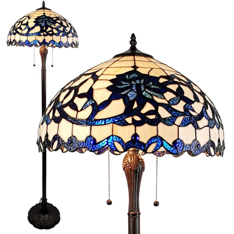 Rexi 18-inch Blue/White Flower Design Glass/Bronze Tiffany-Style Floor Lamp