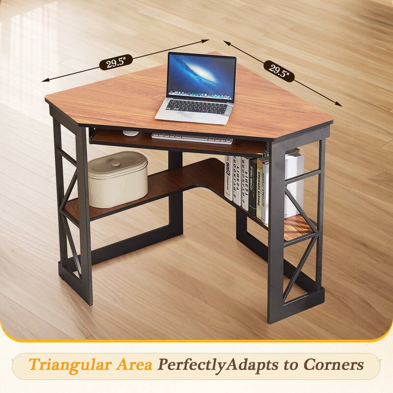 VECELO Triangular Corner Desk with Keyboard Tray Space Saving Metal Computer Desk for Home Office Study Bedroom