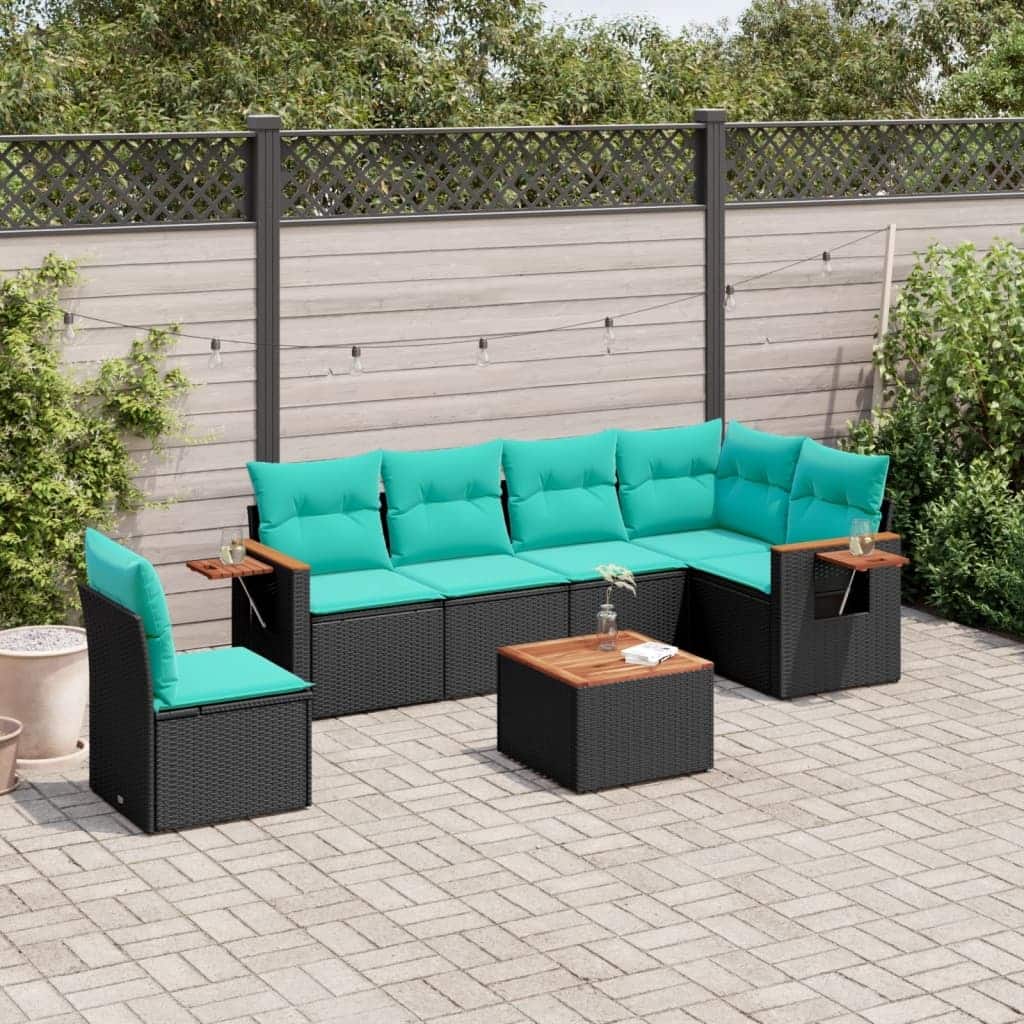 vidaXL 7 Piece Patio Sofa Set with Cushions Black Poly Rattan (US only) - 24.4 x 24.4 x 27.2