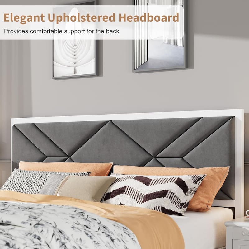 Wooden Bed Frame with Fabric Upholstered Headboard
