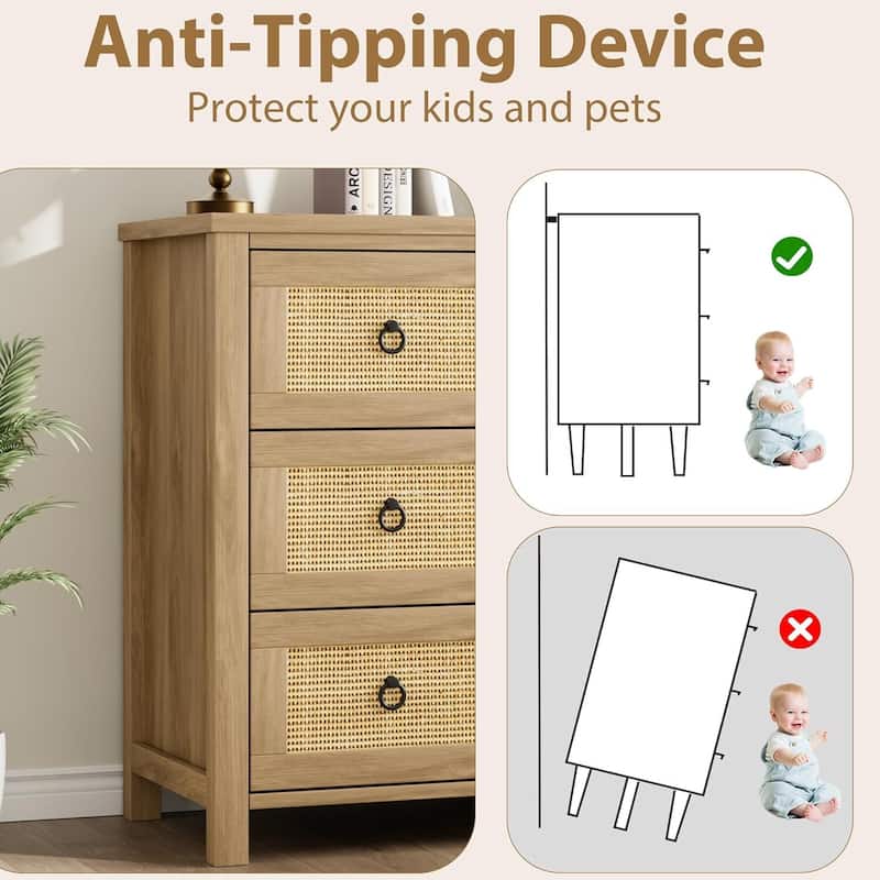 Rattan Dresser Storage Cabinet for Bedroom Living Room, Natural Oak