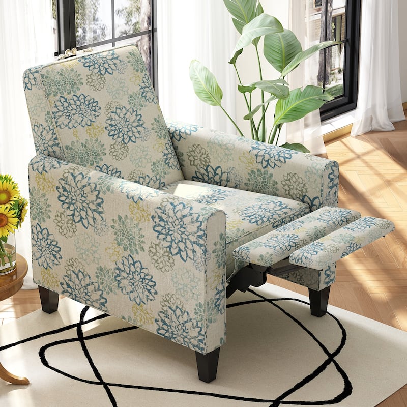Roomfitters Push Back Recliner Armchair with Beech Wood Legs, Printed Fabric Accent Chair - Blue