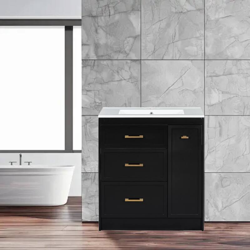 30" Forest Green Bathroom Vanity, Floor Standing with 3 Drawers, Double-Layer Storage, and Gold Metal Handles - Black