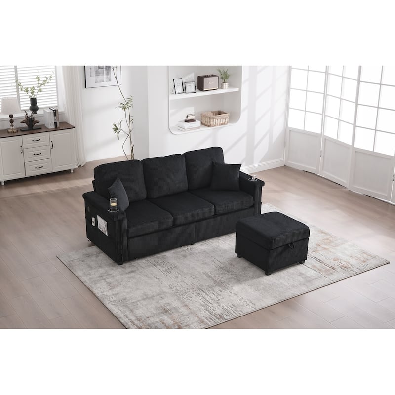 L-Shaped Sectional Sofa with Pull-Out Storage,Ottoman & Pillows 3-Seat with USB Charging,Cup Holder, Convertible Design