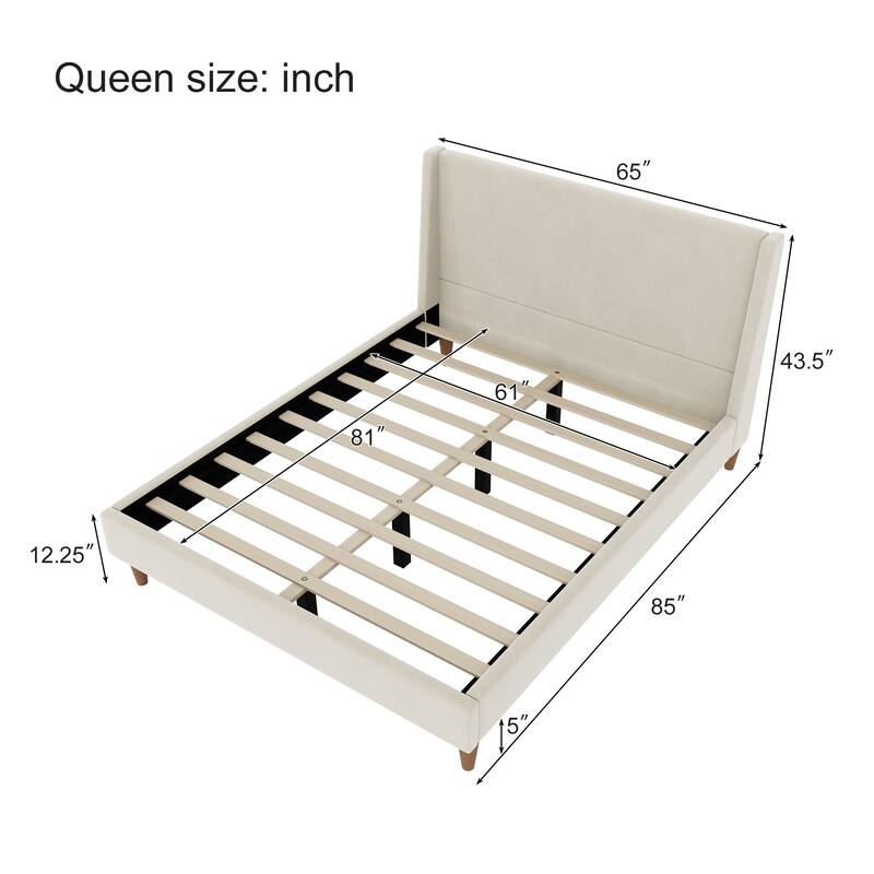 Velvet Upholstered Platform Bed Wingback Bed Low Profile Bed