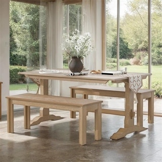 TREXM 3-Piece Retro Dining Set, Rectangular Trestle Table and 2 Wooden Benches for 4 People for Dining Room and Kitchen (Natural Wood)