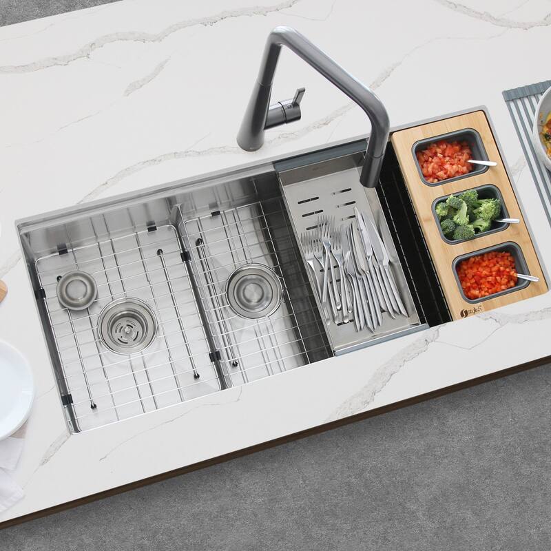 STYLISH 42 inches Workstation 70/30 Double Bowl Undermount 16 Gauge Stainless Steel Kitchen Sink with Accessories included