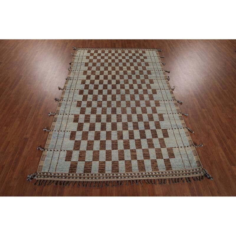 Checkered Moroccan Modern Area Rug Hand-Knotted Wool Carpet - 7'0"x 10'8"