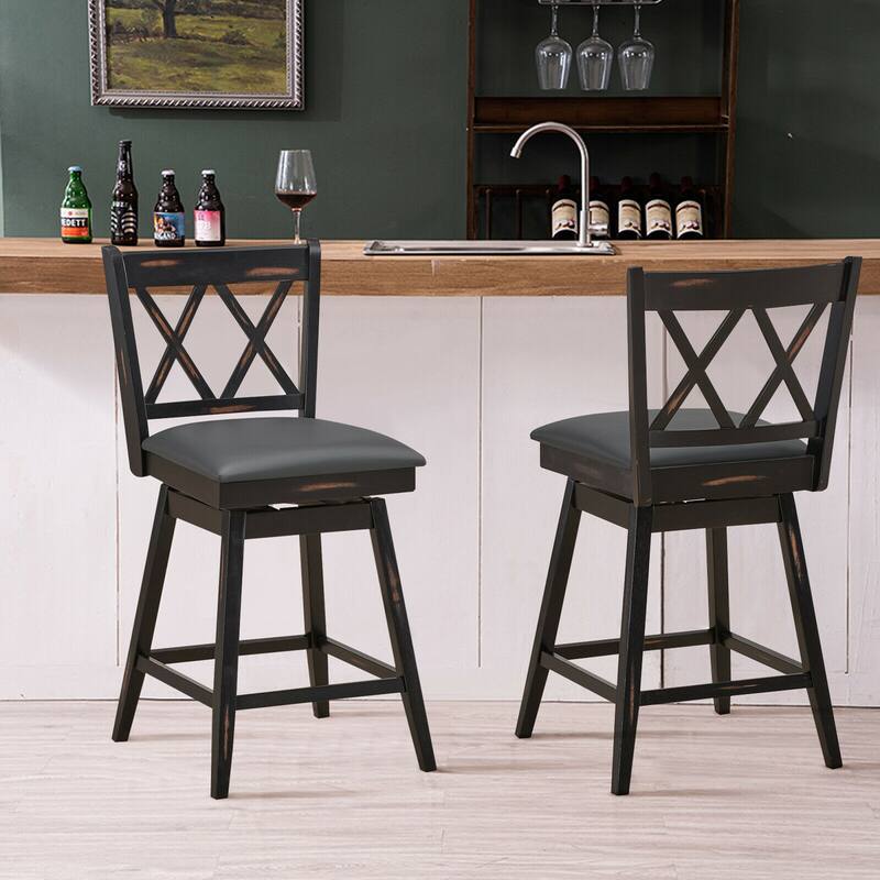 Gymax Set of 2 Barstools Swivel Counter Height Chairs w/Rubber Wood - See Details
