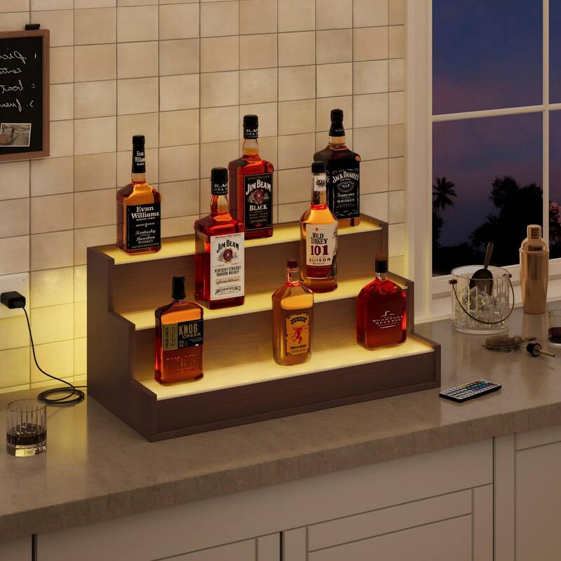 EROMMY LED Lighted Wine & Liquor Display Shelf with Remote, 3-Tier Tabletop Bar Rack, USB Powered - walnut.