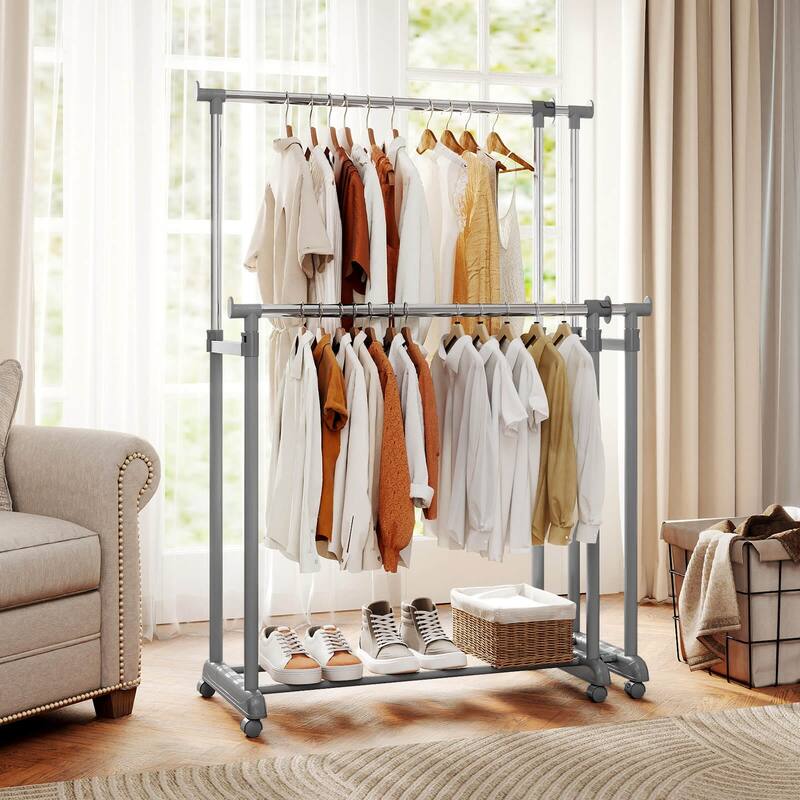 Costway Double Rod Clothes Rack with Extendable Height & Width for - Silver - See Details