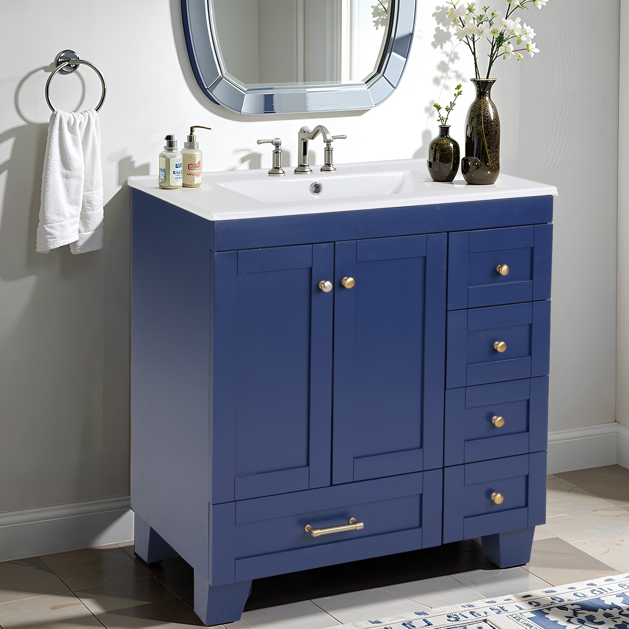 30'' Blue Bathroom Vanity With Ceramic Sink – Soft-Close Drawers, Solid Wood Frame & Multi-Organizer Storage. - 30"