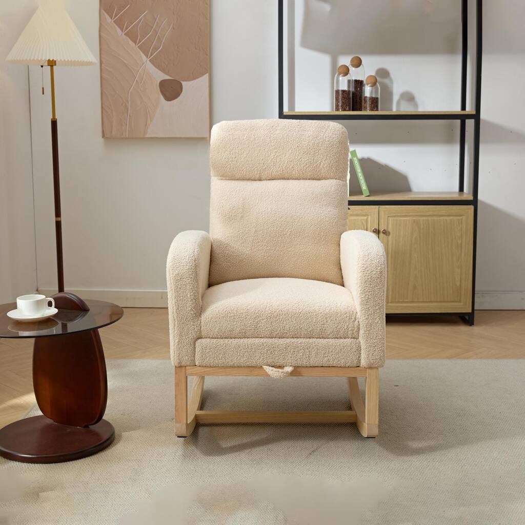 Upholstered Accent Rocking Chair with Solid Wood Legs,Side Pocket