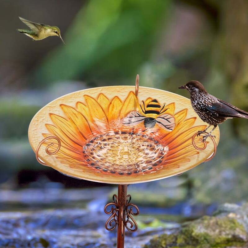 Tall Glass Birdbath Birdfeeder with Metal Stake Garden Yard Outdoor