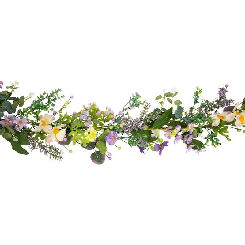 Daisy and Mixed Foliage Floral Spring Garland - 5' - Purple