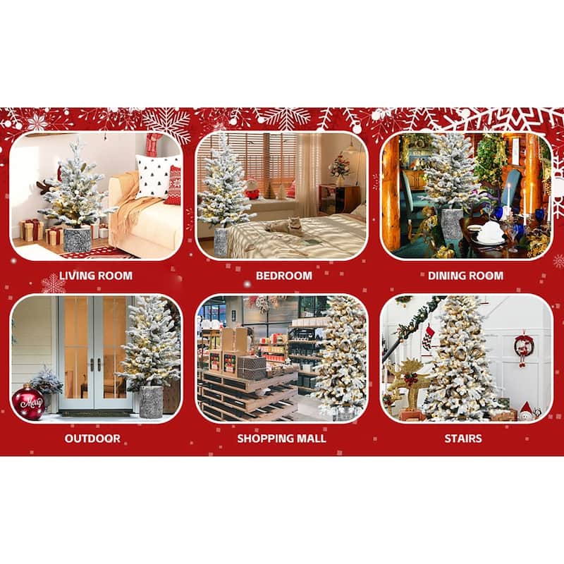 Flocked Christmas Tree with Pot Base,150 Warm White LED Lights,PE+PVC Branches with Pine Cones-Small Prelit Holiday Tree