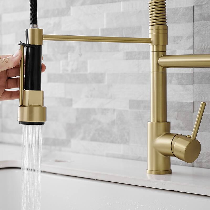 Brushed Gold Kitchen Faucet with Pull-Down Sprayer - Spout Height : 3.62"Spout Reach : 9.25"