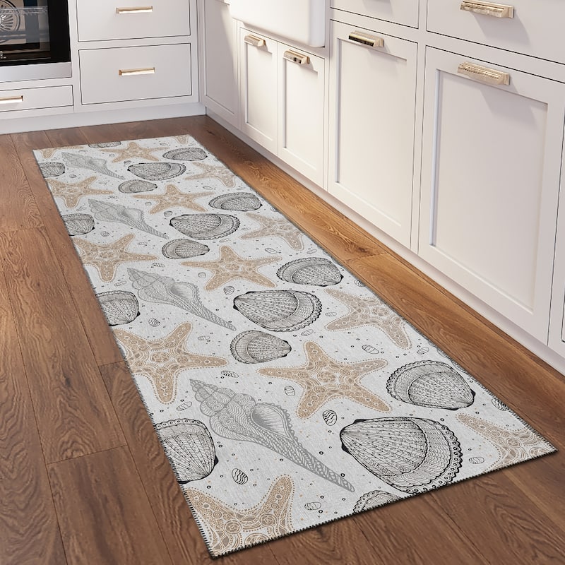 Indoor/ Outdoor Surfside Starfish Shells Washable Rug New