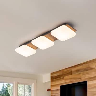 Modern Faux Walnut Wood Grain 3-Light Dimmable LED Flush Mount - 30.7 in