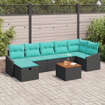 vidaXL 8 Piece Garden Sofa Set with Cushions Black Poly Rattan - 113.6×48.6×27.2