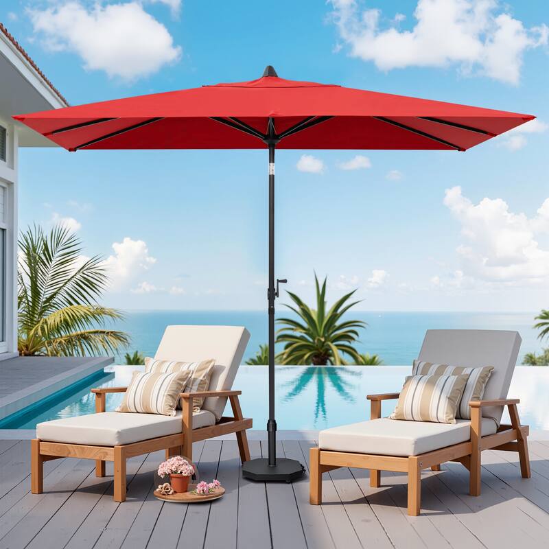 9 x 5 FT Outdoor Patio Rectangular Market Umbrella and Base Stand with Wheels - Red