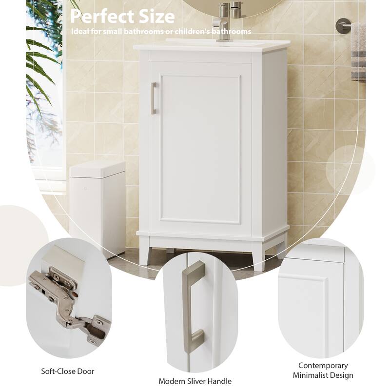 20" Modern Small Bathroom Vanity Cabinet With Ceramic Basin - 20"*15.5"*33.3", Ample Storage, 1 Soft-Close Door