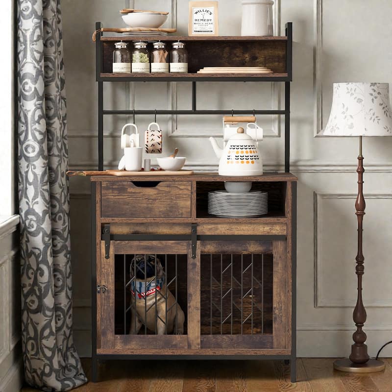 2-in-1 Rustic Dog Crate Side Cabinet Hutch, Dog Kennel Furniture with Storage, Drawers & Cupboard for Small Dogs up to 40 lbs - Brown