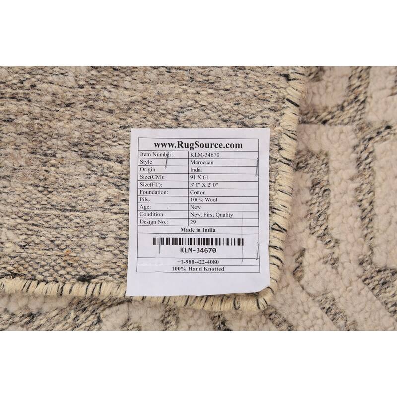 Geometric Moroccan Oriental Foyer Rug Hand-Knotted Beige Wool Carpet - 2'0"x 3'0"