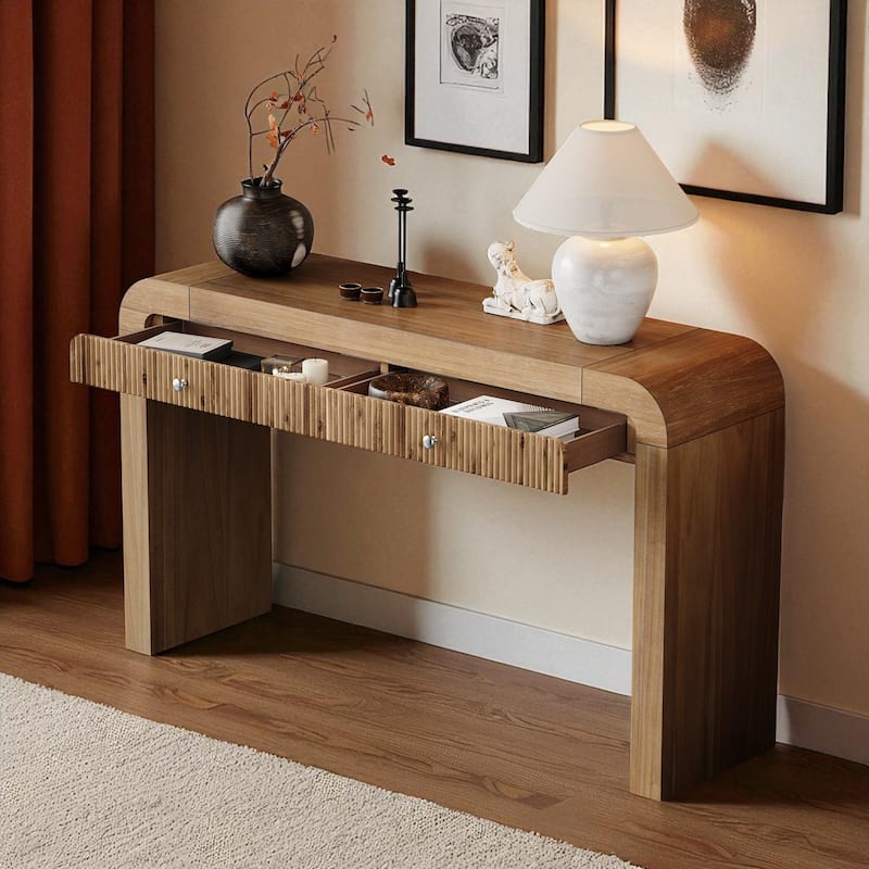 54.3" Rustic Console Table with Fluted Drawer, Curved Corners & Thick Legs, Entryway or Hallway Accent Table