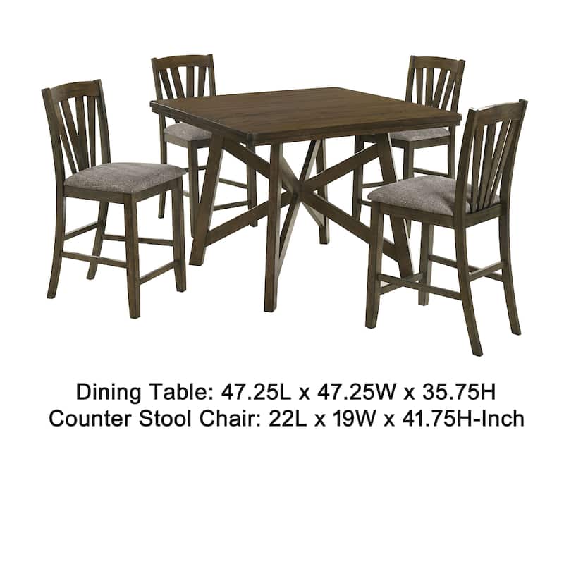 Kana 5pc Counter Height Table Set, Brown Wood, 4 Gray Fabric Chairs