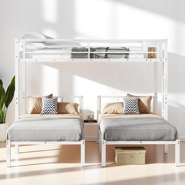 slide 2 of 12, Triple Twin Metal Bunk Bed with Shelf, Middle Table, Guardrails, and Convertible Upper Bed,Detachable L-Shaped Bunk bed White - Twin