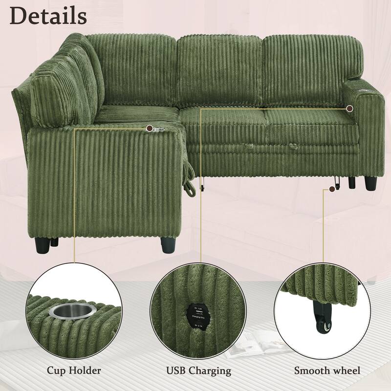 GDFStudio - Modern 5-Seat Sectional L-Shaped Sofa with Pull-Out Sleeper Bed, Storage, Cup Holder & USB Charging - 81"W