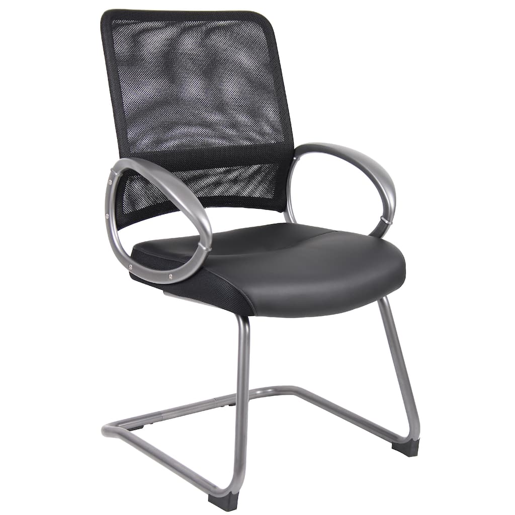 Toi Guest Armchair, Black Mesh, Faux Leather, Pewter Cantilever Base