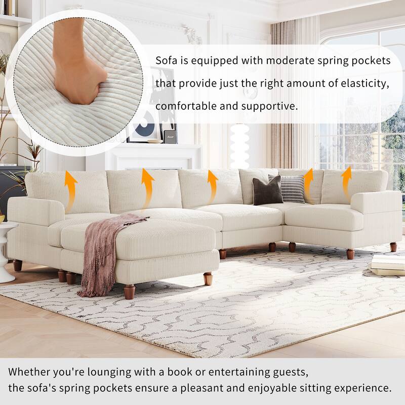Modular L-Shaped Sofa with Ottoman, Beige Polyester, 97x97x33 inches, 220 lbs