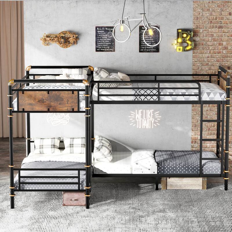 Quad Bunk Bed for 4 Kids, L-shape Metal Frame Twin Size Bunk Bed, Detachable Triple Bunk Bed, Separable Into 3 Twin Beds, Black