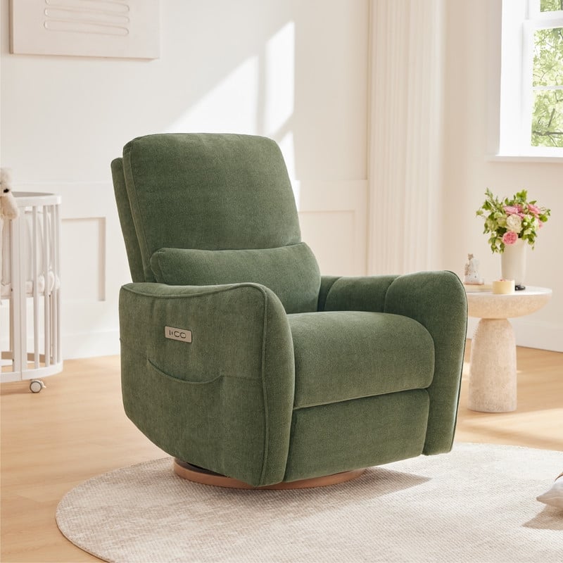 Spruce & Spring Power Swivel Recliner Chair Nursery Glider with Lumber Pillow - Green