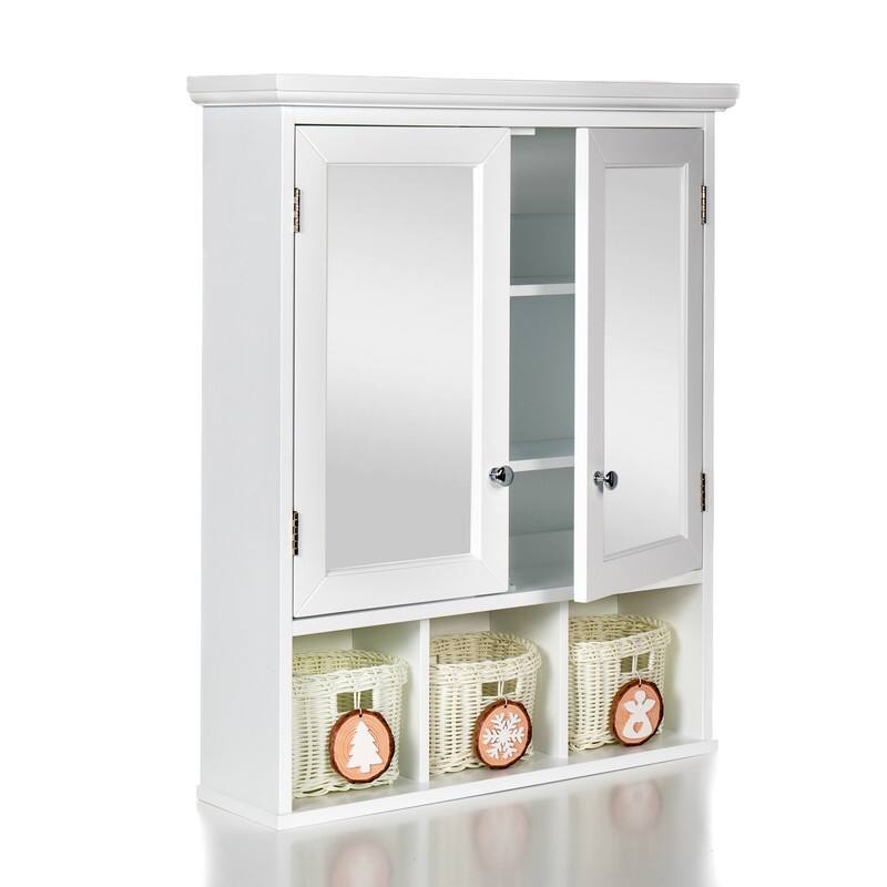 Wall Mounted Bathroom Storage Cabinet with Adjustable Shelves, Medicine Cabinet with 2 Mirror Doors and 3 Baskets