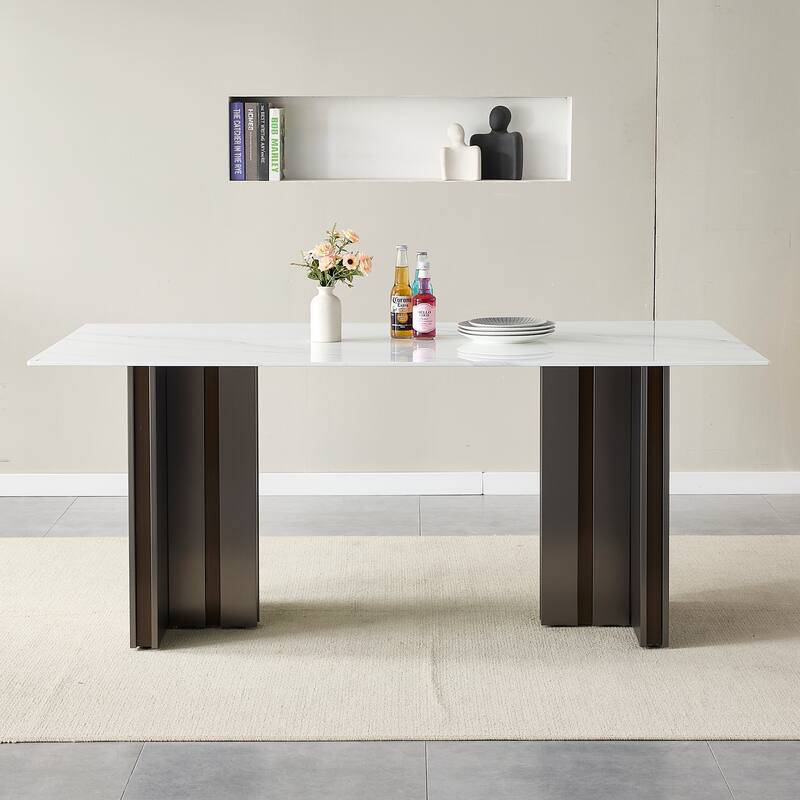 69.30 Inch Rectangular Dining Table, Modern Style, Tempered Glass With Marble Texture Tabletop, Suitable For 4-6 People
