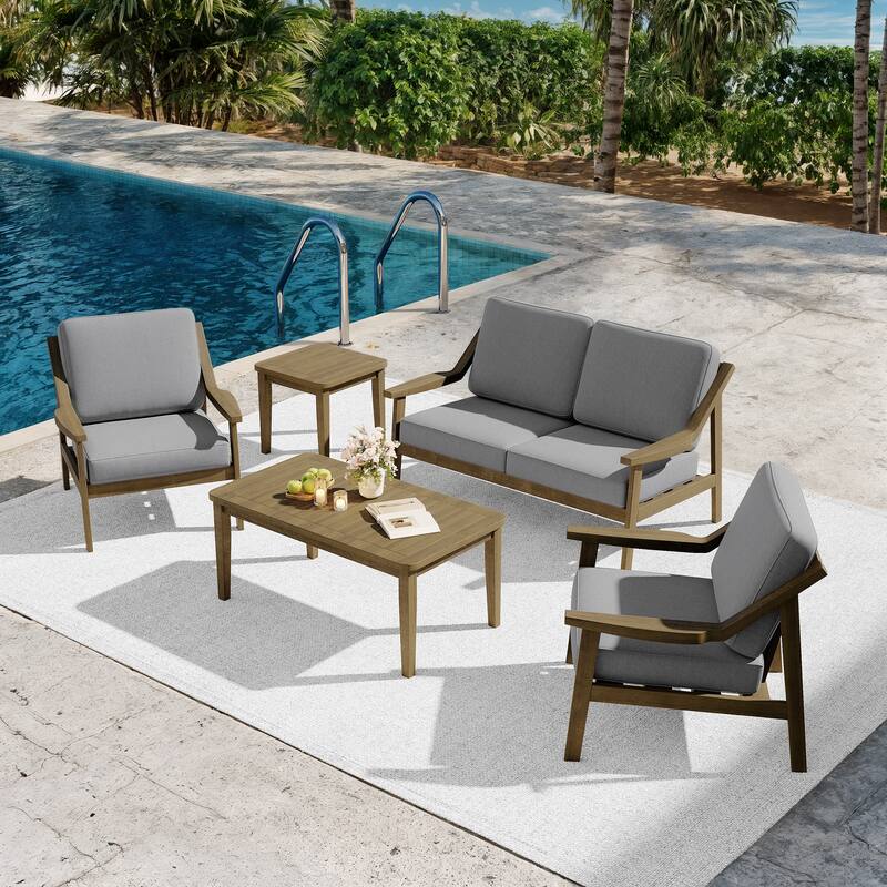 5-piece Adirondack Patio Teak Lounge Chairs Loveseat Conversation Set - NaturalFrame-Grey