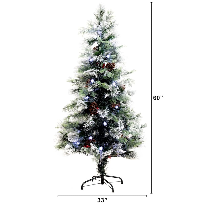 5' Flocked Pre-Lit Fiber Optic Artificial Christmas Tree, White LED Lights - 5 Foot